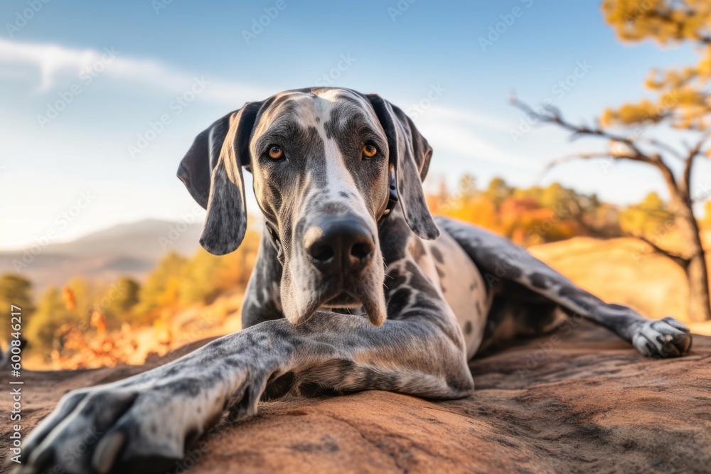 Medium shot portrait photography of a curious great dane lying down against national parks background. With generative AI technology