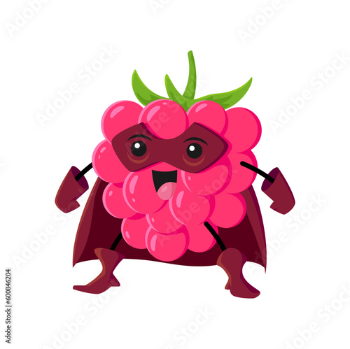 Cartoon raspberry berry superhero character. Vector funny super hero vigilante in mask and cloak with cute smiling face. Isolated fairy tale plant comics book personage for kids menu, book or game