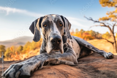Medium shot portrait photography of a curious great dane lying down against national parks background. With generative AI technology