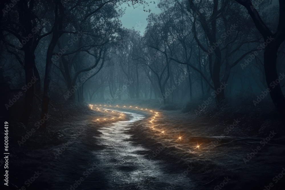 Mystical forest landscape with trees silhouettes in dark. Path in magical dreamy forest. Created with Generative AI