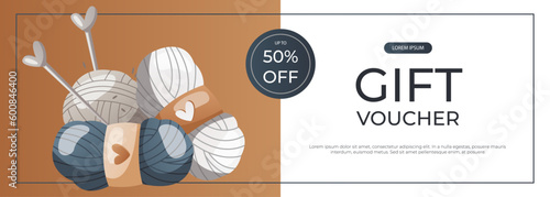 Promo gift banner with balls of wool for knitting with needles. Skein of yarn. Tools, equipment for knitwork, handicraft. Handmade needlework, hobby. Knitting studio vector for poster, advertising
