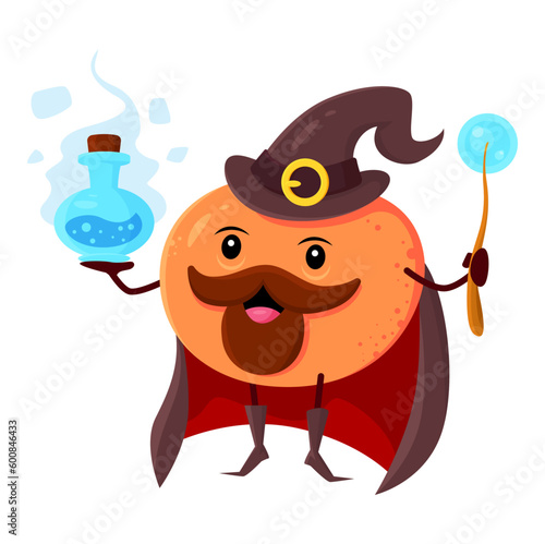Cartoon orange fruit wizard or mage character. Vector bearded citrus holding wand and potion bottle casting magic spell. Funny smiling sorcerer in brown cape, fascinator, wiz, conjurer personage