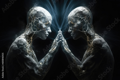 Two spiritual human bodies on dark background. Souls connection. Created with Generative AI photo