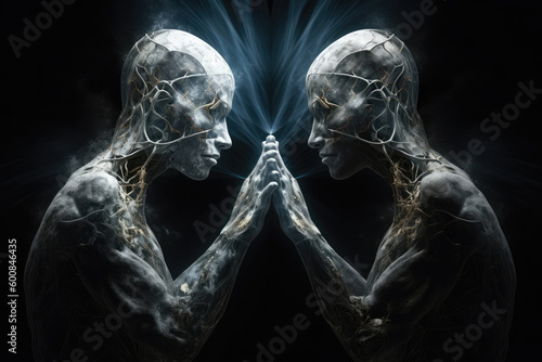 Two spiritual human bodies on dark background. Souls connection. Created with Generative AI