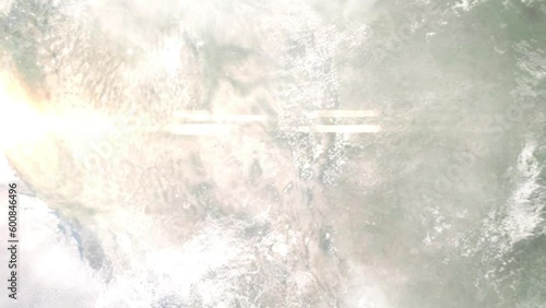 Earth zoom in from outer space to city. Zooming on Farmington, New Mexico, USA. The animation continues by zoom out through clouds and atmosphere into space. Images from NASA