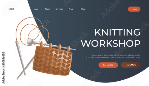 Landing page with lace circular needles, knitting item in progress. Skein of yarn. Tools, equipment for knitwork, handicraft. Handmade needlework, hobby. Knitting studio poster, banner, cover, card.