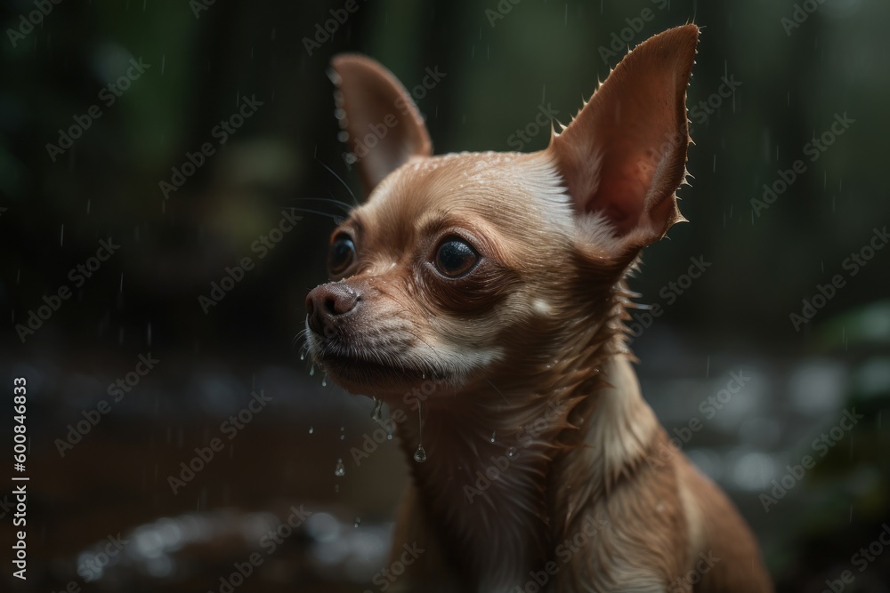 Environmental portrait photography of a curious chihuahua playing in the rain against forests and woodlands background. With generative AI technology