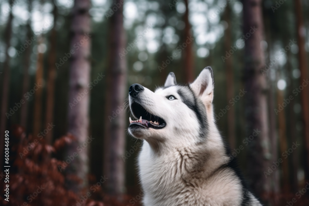 Naklejka premium Lifestyle portrait photography of a curious siberian husky barking against forests and woodlands background. With generative AI technology