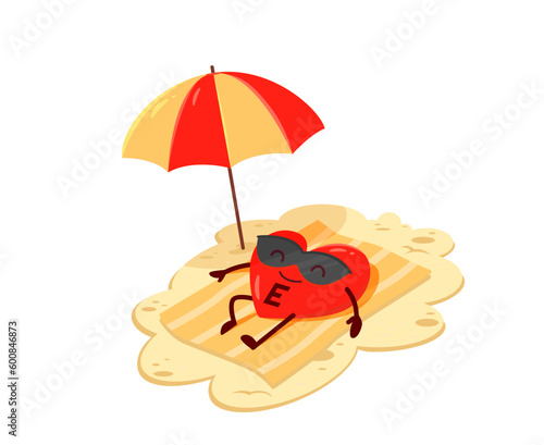Cartoon vitamin e character on the beach. Micronutrient capsule, vitamin dragee or food supplement pill happy vector character. Healthy nutrition mineral funny personage or mascot sunbathing on beach