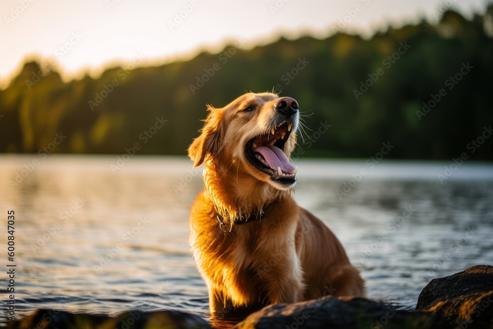 Lifestyle portrait photography of a happy golden retriever yawning against lakes and rivers background. With generative AI technology