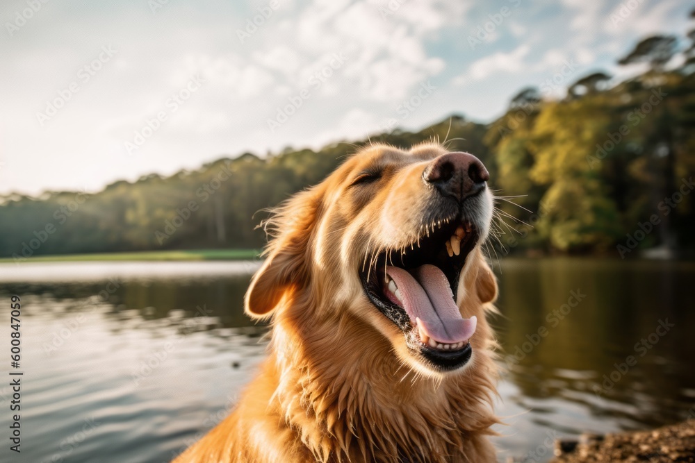Lifestyle portrait photography of a happy golden retriever yawning against lakes and rivers background. With generative AI technology