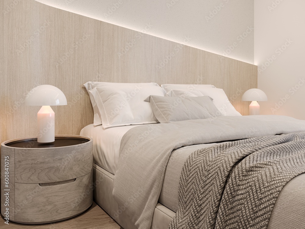 Obraz premium Cozy bedroom interior with bed and pillows, 3d render