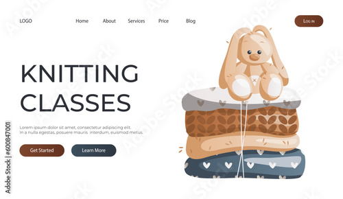 Landing page with knitted clothes, toy rabbit. Knitting classes.Skein of yarn.Tools, equipment for knitwork, handicraft. Handmade needlework, hobby. Knitting studio poster, banner, cover, card. Vector