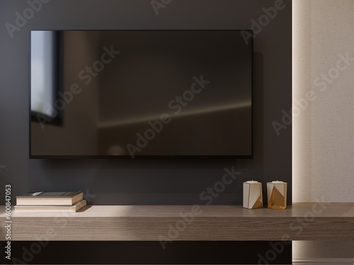 3D rendering of low cabinet with TV on black wall