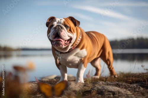 Medium shot portrait photography of an aggressive bulldog having a butterfly on its nose against lakes and rivers background. With generative AI technology