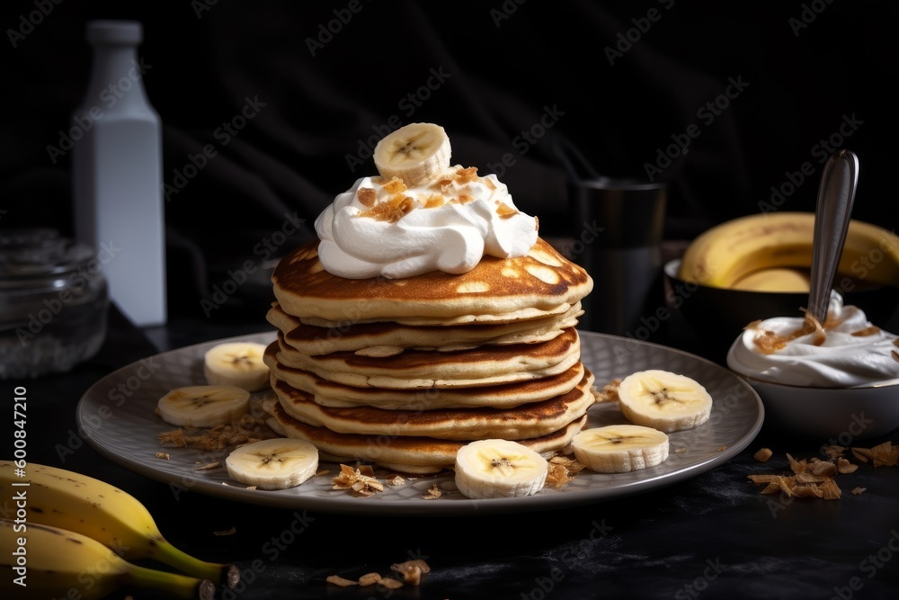 banana pancakes topped with whipped cream and sliced bananas banana pancakes topped with whipped cream and sliced bananas