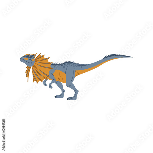 Dilophosaurus theropod dinosaur cartoon animal. Dino animal, baby dinosaur kids character. Dino with crest on neck, extinct prehistoric creature