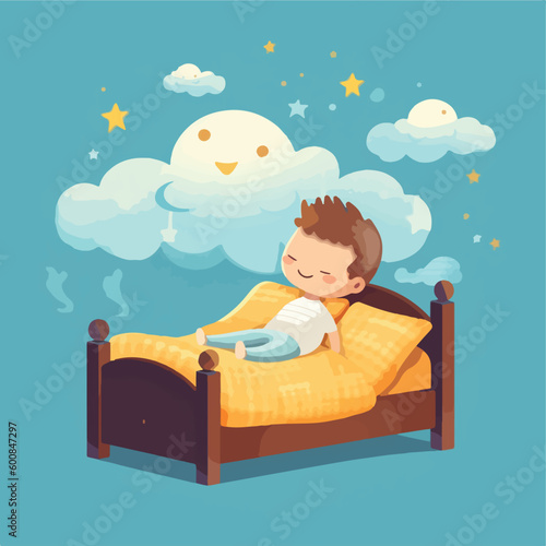 5 years old boy is dreaming during his sleeps over clouds