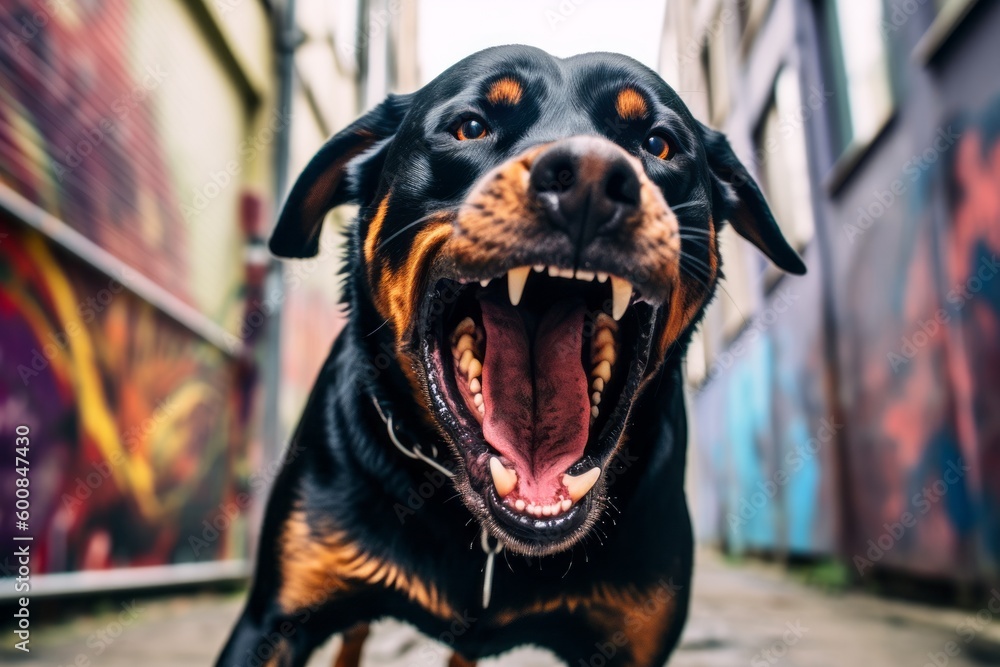 Medium shot portrait photography of an aggressive rottweiler having a smoothie against urban streets and alleys background. With generative AI technology
