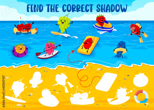 Find the correct shadow of cartoon berry characters on beach. Silhouette find vector riddle worksheet with strawberry, raspberry, honeyberry and rosehip, grape, cherry swimming and surfing personages