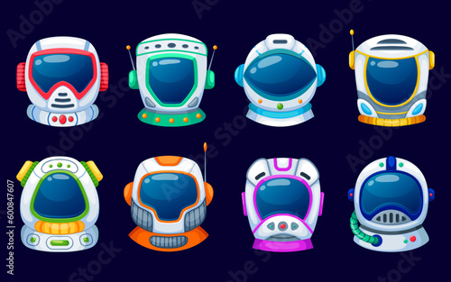Kids space photo booth astronaut helmets. Cartoon vector cosmonaut headwear props elements or masks with glass and antenna. Cute helmets set for children party or funny photos in application filters
