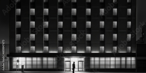 AI Generated. AI Generative. Monochrome black and white city urban photo realistic illustration with lonely person. Noir drama lonely vibe. Graphic Art