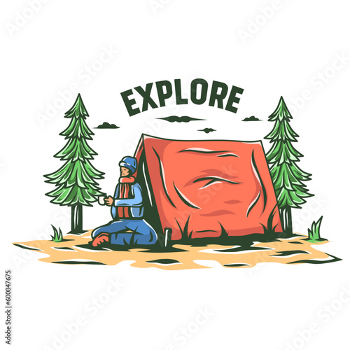 illustration of a man camping in the forest. outdoor and nature design concept