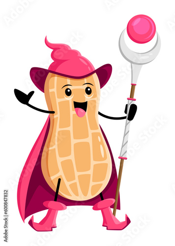 Cartoon peanut pod nut wizard character. Isolated vector funny wiz cast incantation with enchanted staff. Comic witchcraft protein food personage in pink cape and pointy hat fun on Halloween party