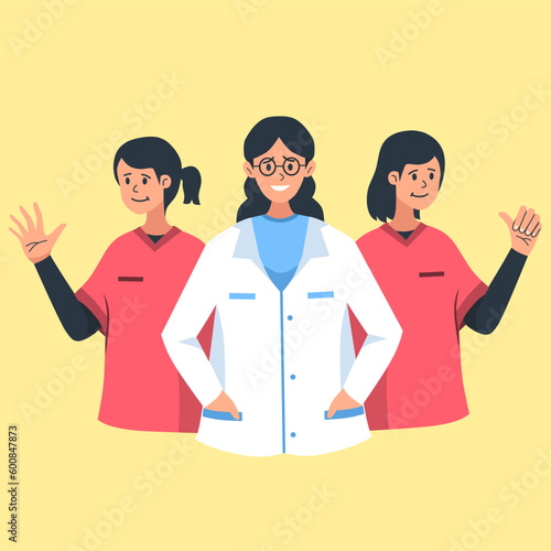 flat design female doctor and nurse cheerful smile.medical and health character illustration