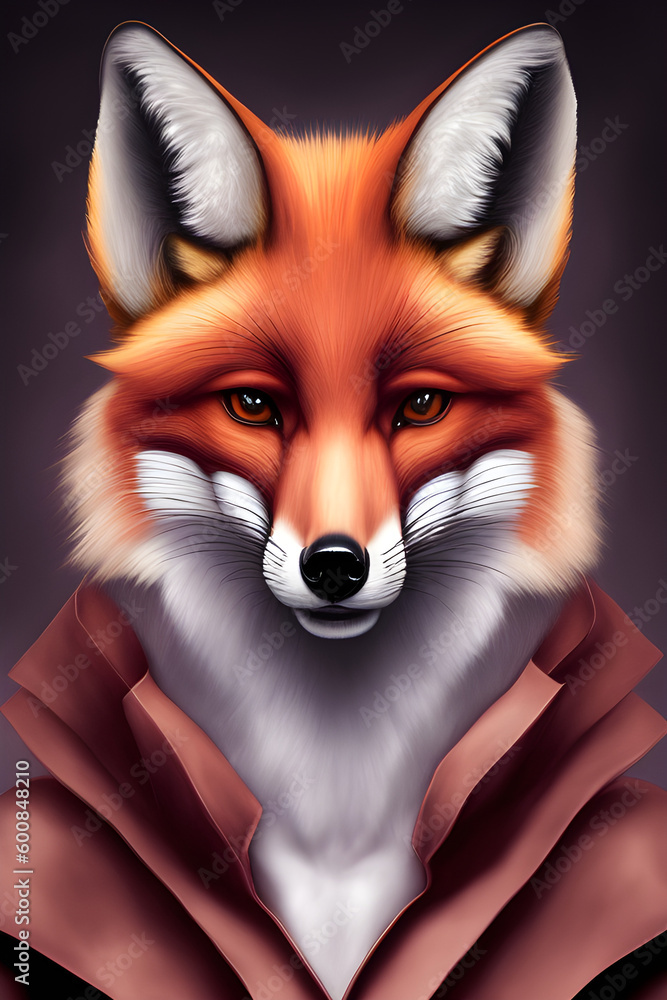 Fototapeta premium Portrait of a beautiful fox in clothes on a dark background. Colorful wildlife portrait. Spring holidays poster, generative AI.