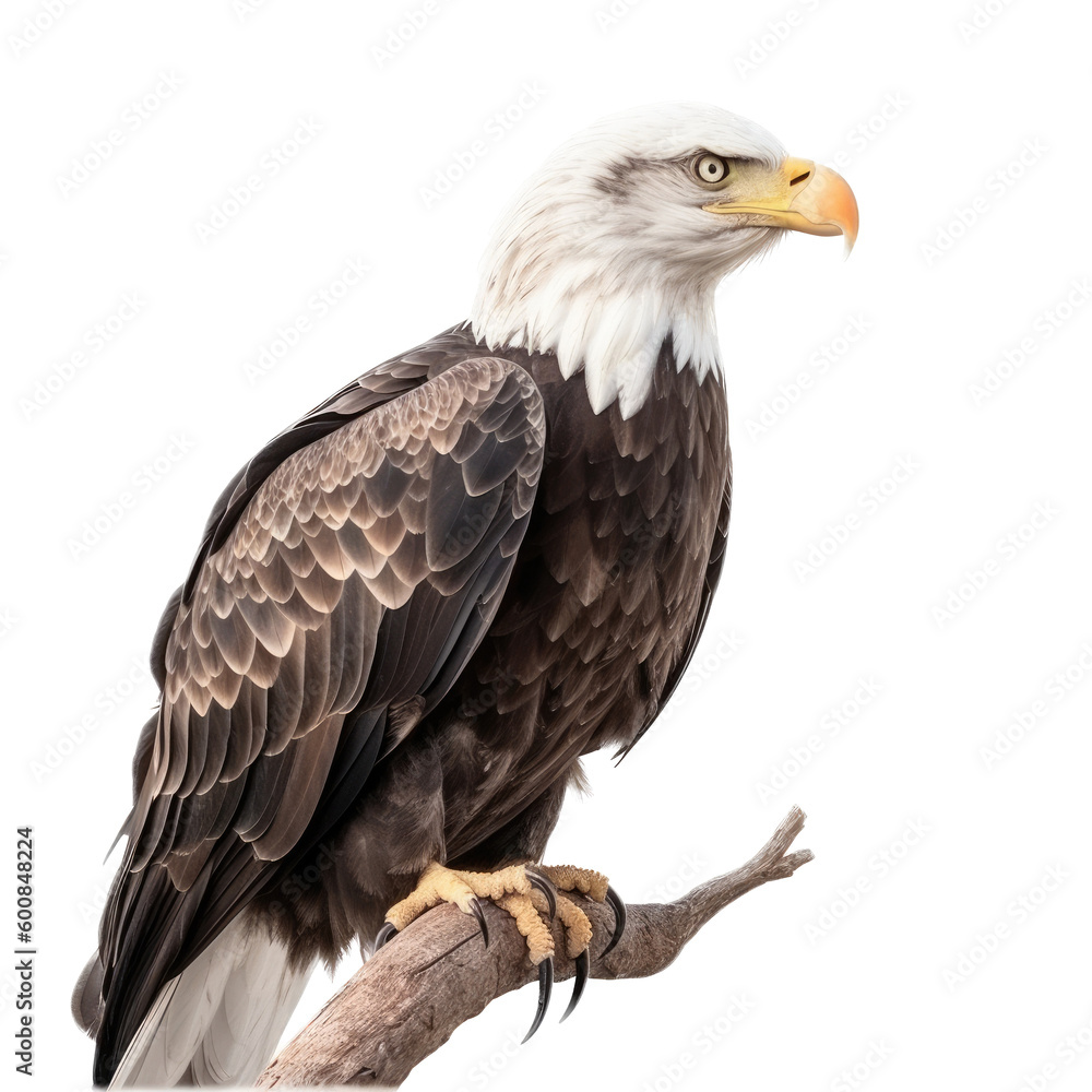 an isolated bald eagle (Haliaeetus leucocephalus) , sitting on a branch, preservation, Wildlife-themed, photorealistic illustration on a transparent background cutout in PNG. generative ai an isolated bald eagle (Haliaeetus leucocephalus) , sitting on a branch, preservation, Wildlife-themed, photorealistic illustration on a transparent background cutout in PNG. generative ai