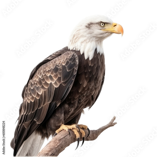 an isolated  bald eagle  Haliaeetus leucocephalus    sitting on a branch  preservation  Wildlife-themed  photorealistic illustration on a transparent background cutout in PNG. generative ai