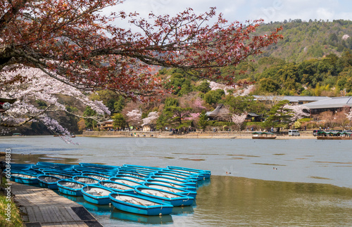 Boats on Katsura River in the Beautiful Kameyama Park in Arashiyama, Kyoto, Japan