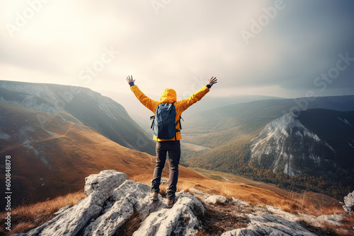 Young man standing on top of hill with hands up with blue backpack. Young guy raising hands up in nature, created with Generative AI