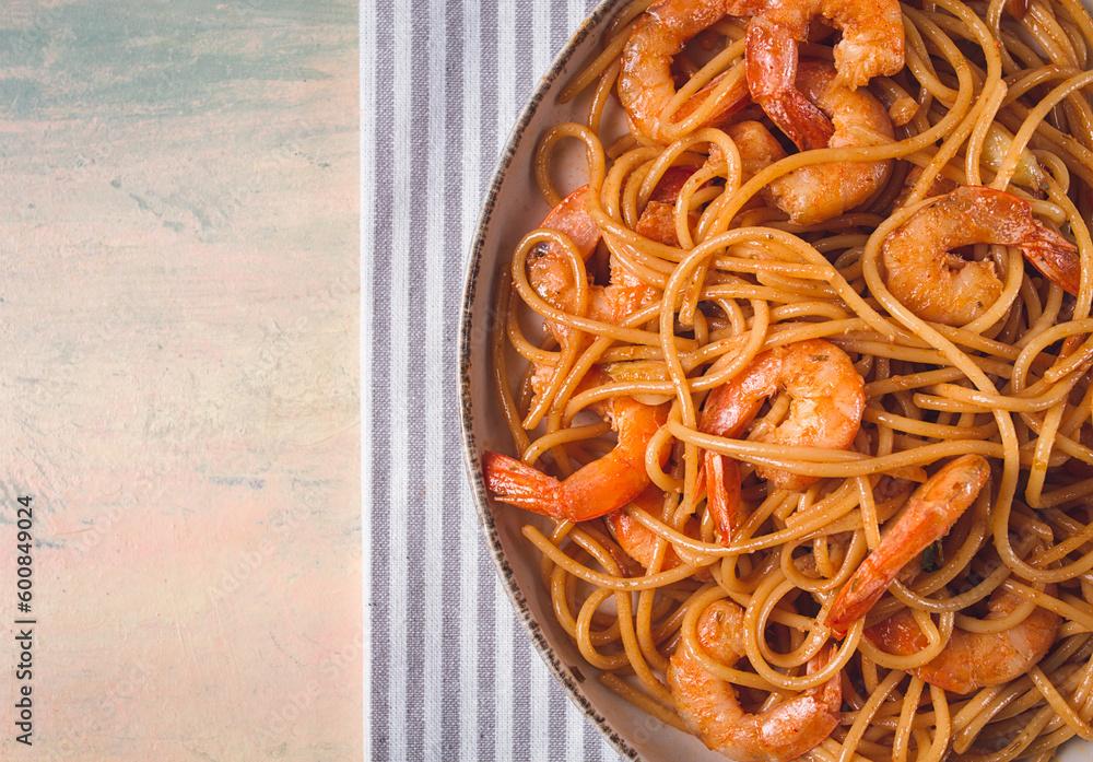Spaghetti with king shrimps , with spices, top view, selective focus, homemade, no people, Spaghetti with king shrimps , with spices, top view, selective focus, homemade, no people,