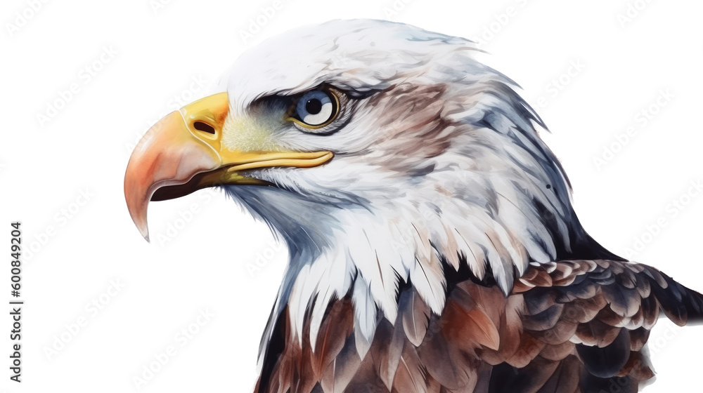 Obraz premium an isolated bald eagle (Haliaeetus leucocephalus), side view, portrait close-up, preservation, Wildlife-themed, photorealistic illustration on a transparent background cutout in PNG. generative ai
