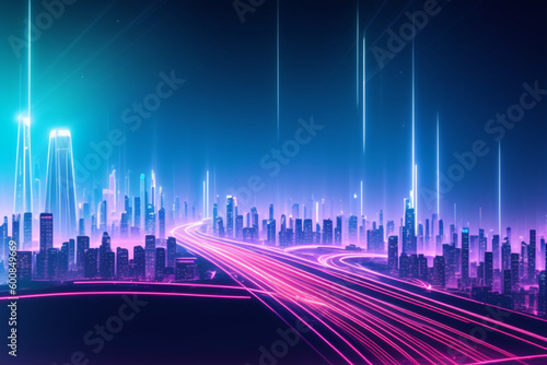 Beautiful 2 blue tone image of a neon style city  AI image in high resolution