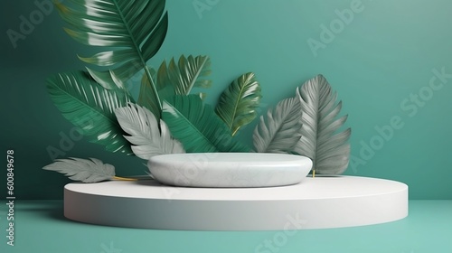 White podium-style shelf with backgrounds featuring rocks, green foliage, and tropical leaves. Generetive AI