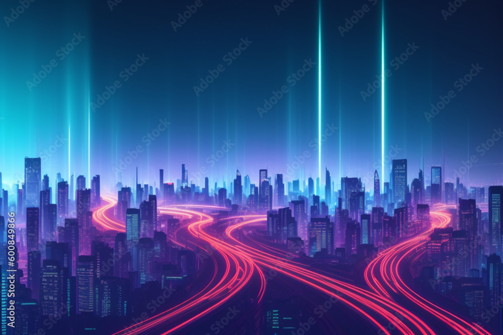Beautiful 3 blue tone image of a neon style city, AI image in high resolution