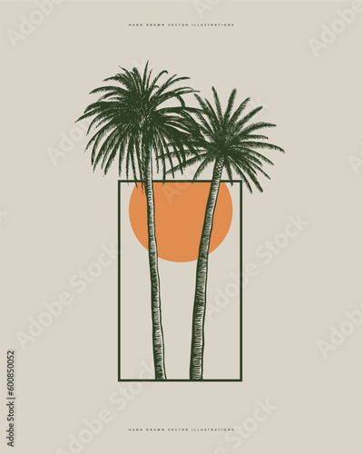 Two tall palm trees against the background of the sun, vector illustration. Exotic and tropical plants on an isolated background. Element for the design of postcards, posters, invitations.