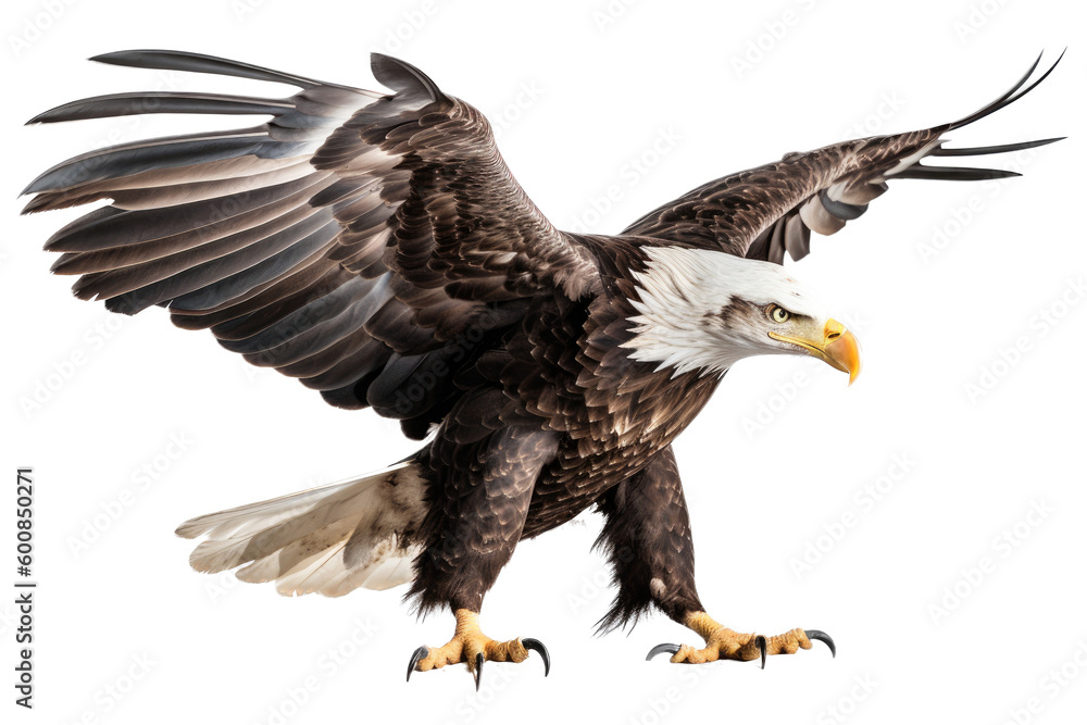 Obraz premium an isolated bald eagle (Haliaeetus leucocephalus), flying in motion and in landing position, elusive, Wildlife-themed, photorealistic illustration on a transparent background PNG. Generative AI 