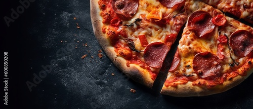 Smakowita pepperoni pizza i kulinarni składników pomidorów basil na czerni betonowym tle. Widok z góry gorącej pizzy pepperoni. Z miejsca na kopię tekstu. Leżał płasko. Transparent