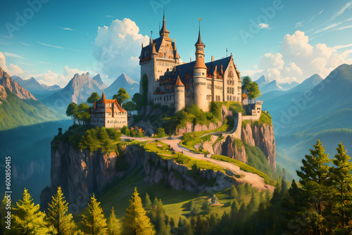 ai generated majestic castle on top of mountains photo