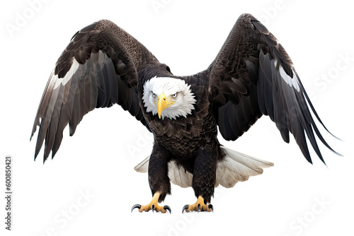 an isolated  bald eagle  Haliaeetus leucocephalus    front view wings spread open  preservation  Wildlife-themed  photorealistic illustration on a transparent background cutout in PNG. Generative AI