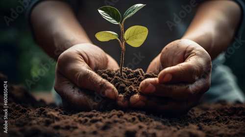 Hands holding a small plant in soil generative ai