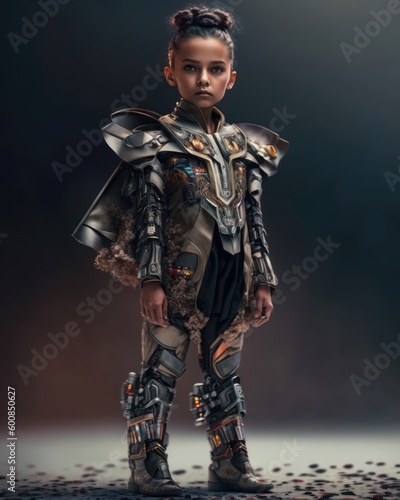 Cyborg little girl in a costume of a knight. Android child portrait. Generative ai