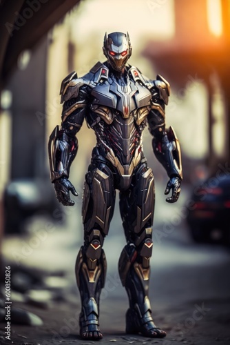 Humanoid iron man portrait. Cyborg male dressed in fashion metal suit isolated on blurred street background. Generative ai