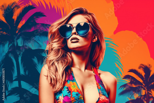 pop art collage of a blonde model girl with peculiar sunglasses on a palm tree summer vibe background, colorful abstract theme concept, generative ai illustration
