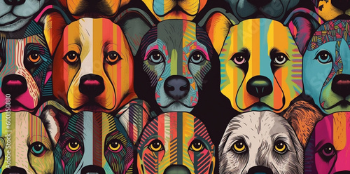 pattern with dog faces, urban graffiti style collage, po art colorful mood, trendy, generative ai illustration