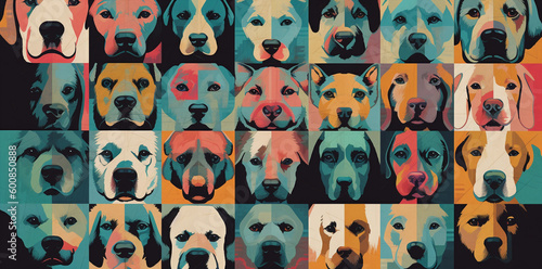 pattern with dog faces, urban graffiti style collage, po art colorful mood, trendy, generative ai illustration
